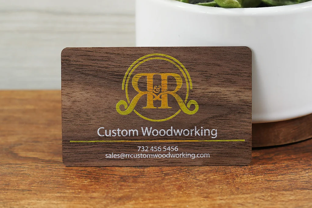 Wood business card with engraved custom woodworking logo