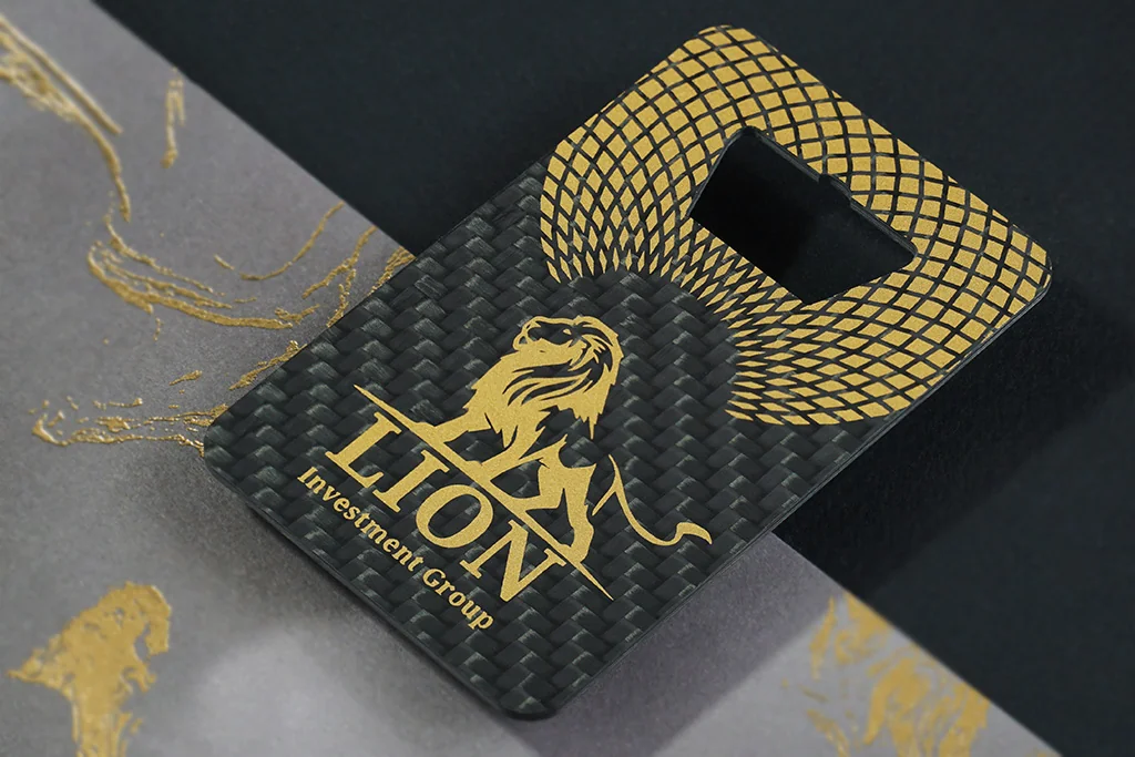 Carbon fiber style bottle opener card with gold lion artwork