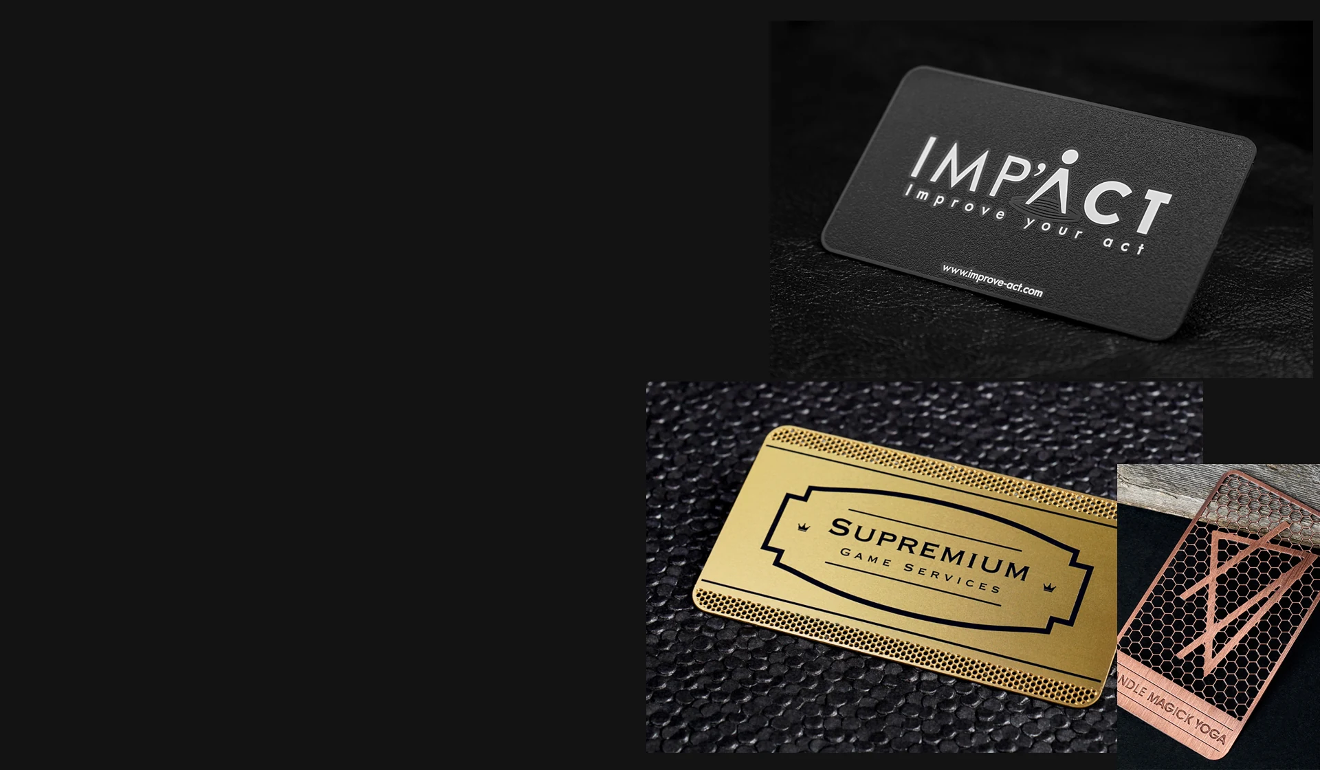 Product photo collection: metal business cards with sample brand designs