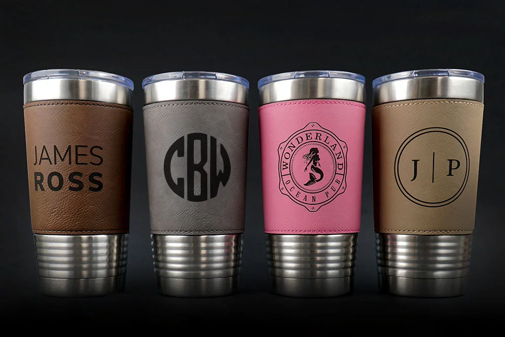 Collection of metal tumblers in multiple colors with example logos