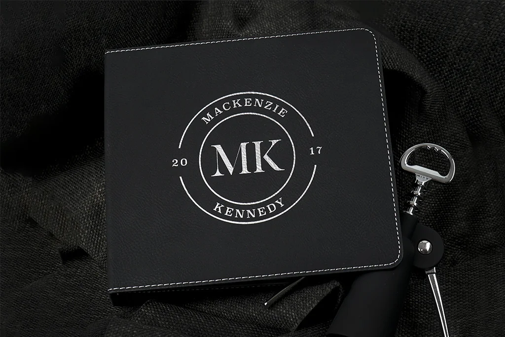 Black personalized wine tool gift set with circular monogram